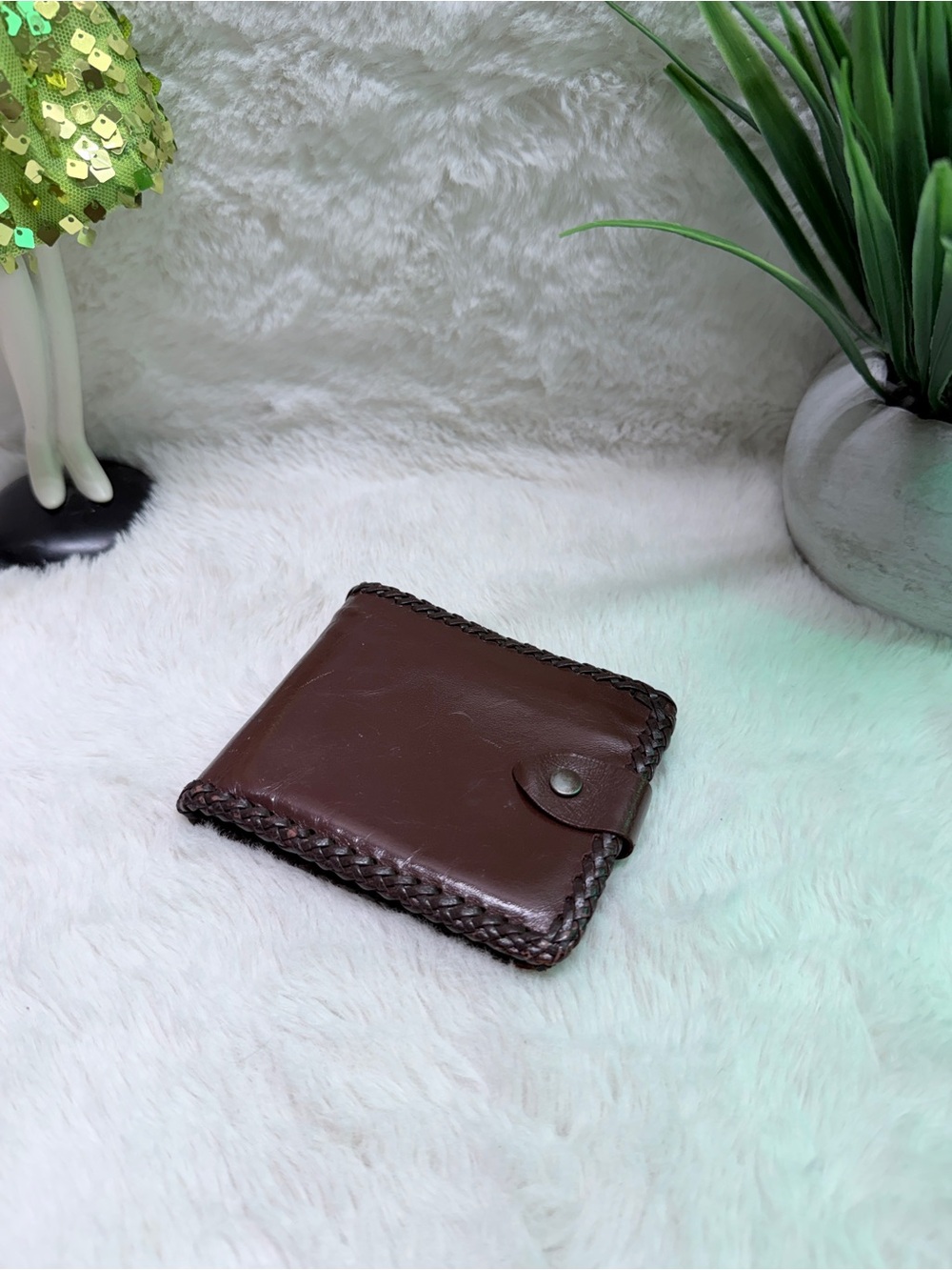 Woven-Edge Leather Wallet for Card/Keys Zippered Cash Pocket Mid Century Modern